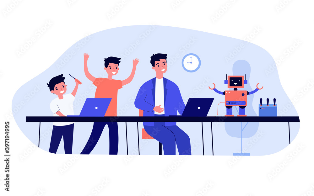 Wall mural two happy boys and their dad creating robot. using tools, programming, cheerful humanoid flat vector