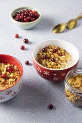 Bowls of homemade granola with yogurt and fresh cranberry