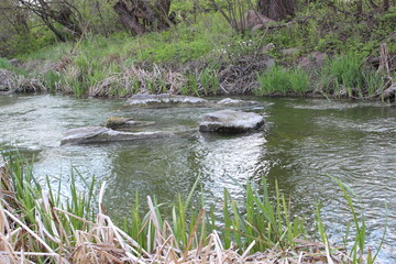 River with large granite stones. Steppe. Nature