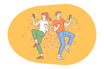 Smartphone, online communication, chatting concept. Young teen couple cartoon characters looking on smartphones, listening to music online and dancing together vector illustration 