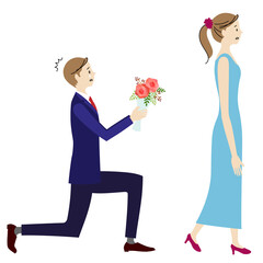 Illustration of the man who has been rejected though he proposed with a bouquet