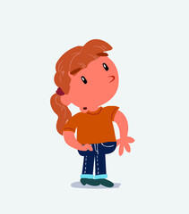 cartoon character of little girl on jeans looks with doubt and somewhat surprised