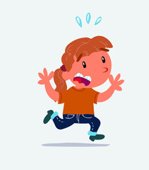 cartoon character of little girl on jeans runs away in terror