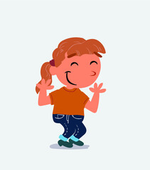 cartoon character of little girl on jeans shrinks somewhat shy.