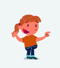 cartoon character of little girl on jeans smiling while pointing