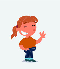 cartoon character of little girl on jeans waving informally while laughing