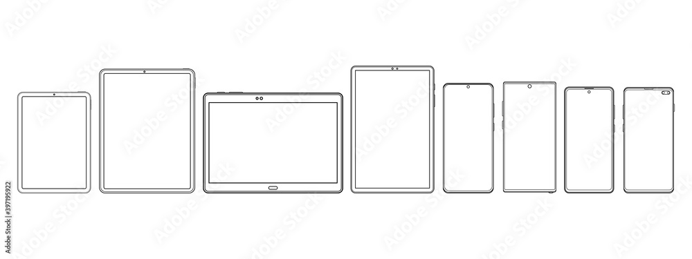 Fototapete modern tablet computers and smartphones wireframe outline icons isolated on white background. vector