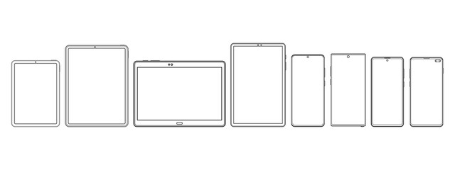 Modern Tablet Computers and Smartphones Wireframe Outline Icons Isolated on White Background. Vector Illustration