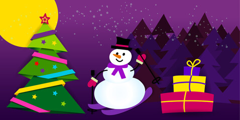 Banner Merry Christmas. Paper ribbon on Christmas tree with star and Christmas balls. Night background. Vector illustration.