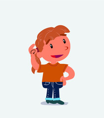 Thoughtful cartoon character of little girl on jeans scratching his head.