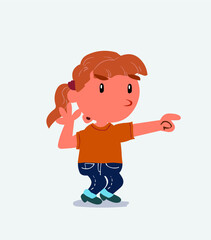 Surprised cartoon character of little girl on jeans points to something.