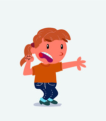 Very angry cartoon character of little girl on jeans pointing at something