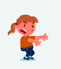 Very angry cartoon character of little girl on jeans pointing at something at side