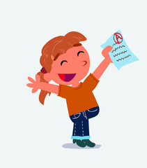 very happy cartoon character of little girl on jeans with a exam in hand