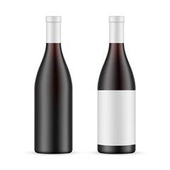 Dark Glass Wine Bottle With Label and Blank Mockup Isolated on White Background. Vector Illustration
