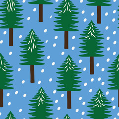 Blue with whimsical green Christmas trees and snow seamless pattern background design.