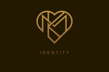 Abstract initials K and M logo, gold colour line style heart and letter combination, usable for brand, card and invitation, logo design template element,vector illustration
