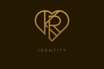 Abstract initials K and R logo, gold colour line style heart and letter combination, usable for brand, card and invitation, logo design template element,vector illustration