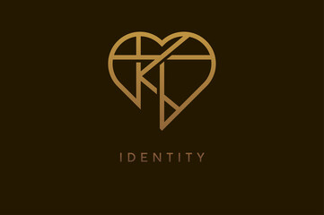 Abstract initials K and T logo, gold colour line style heart and letter combination, usable for brand, card and invitation, logo design template element,vector illustration
