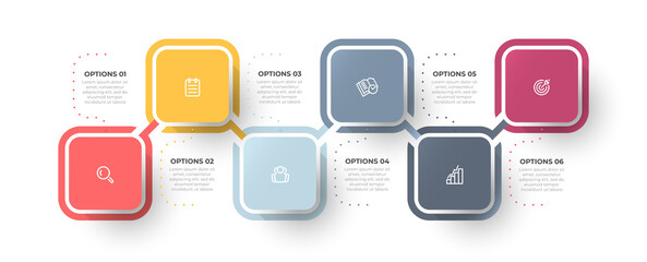 Business infographic template with 6 options or steps. Timeline processes design with marketing icons.
