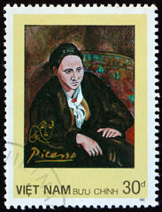 Postage stamp Vietnam 1987 portrait of Gertrude Stein, by Picass