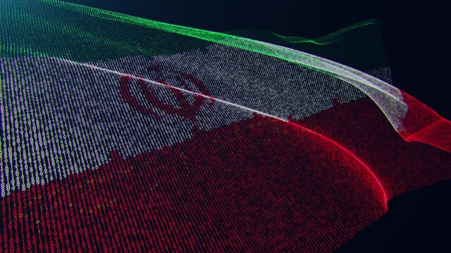 3d render. Iran digital flag with binary code texture flies in the wind. Seamless loop.
