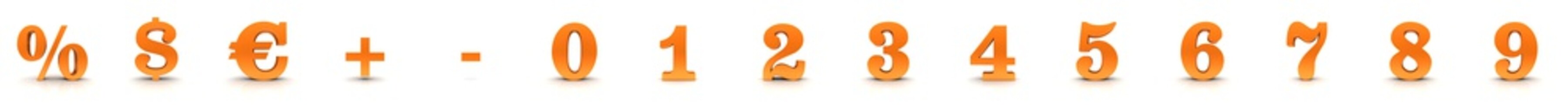 Number 0 1 2 3 4 5 6 7 8 9 percent percentage sign interest rate dollar euro plus minus symbols orange 3d rendering