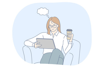 Online communication, technology, electronics concept. Young positive woman office worker sitting with tablet and coffee and watching something online information illustration