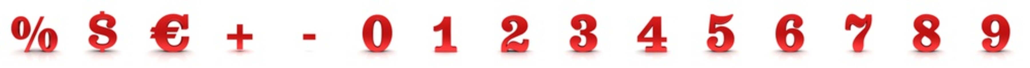 Percent sign dollar euro symbol plus minus icon percentage red numbers 3d 0 1 2 3 4 5 6 7 8 9 one two three four five six seven eight nine zero