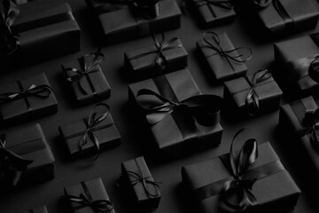 Elegant black Christmas theme. Wrapped gifts in black matte paper with ribbon
