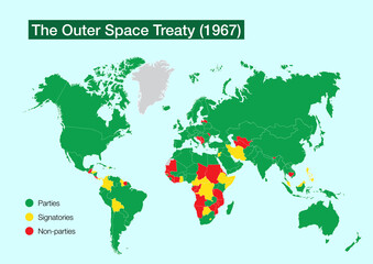 World map with the countries that have signed and ratified the Outer Space Treaty for the exploration of outer space
