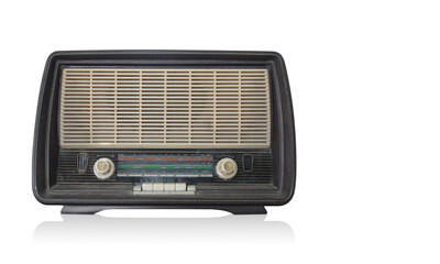 front view beautiful antique wooden radio on white background, technology, object, copy space