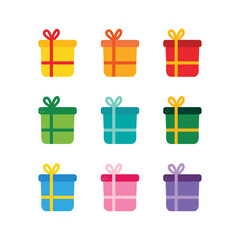 Set, collection of cute cartoon style colorful gift boxes, gifts, present packages with bow.
