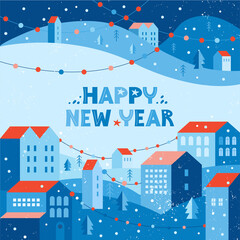Holiday snow city in winter decorated with garlands. Urban landscape in a geometric minimal flat style. Houses on a hill among snowdrifts and trees. Happy new year banner or greeting card in vector