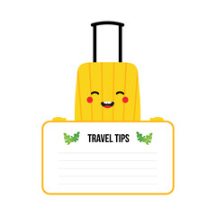 Vector cute cartoon style suitcase, travel bag, luggage character holding travel tips card, banner template in hands.