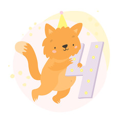 ginger cat with the number four. birthday, four years old. cute fluffy animal