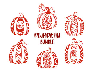 Hand drawn cartoon pumpkins bundle. Doodle autumn design. 