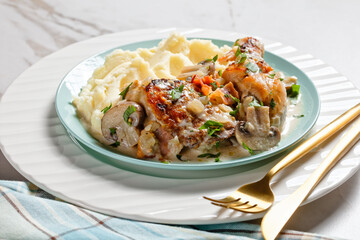 chicken stew with potato mash, top view