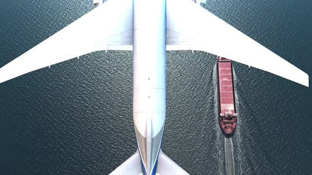 Airplane flies over Empty Cargo ship  in the sea- aerial
, Freight Shipping export and import concept, container ship and plane carries cargo across the ocean. Transportation. Delivery. Logistics, Top