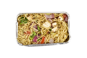 Top view of veg noodles take away meal in a foil tray isolated on a white background with clipping path
