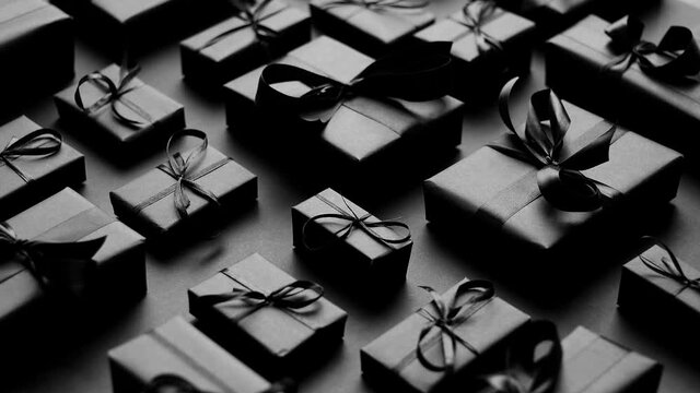 Elegant black Christmas theme. Wrapped gifts in black matte paper with ribbon