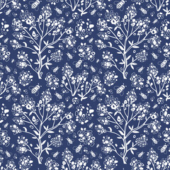 Abstract tree and bees on blue background. Seamless bicolor pattern.  Modern monochrome art for textile and fabrics. Pattern for home decor and clothes.