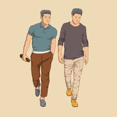 VECTOR ILLUSTRATION OF TWO MEN WALKING AND CONCERNING WITH CHANGE COLOR ON THE FILE LAYER