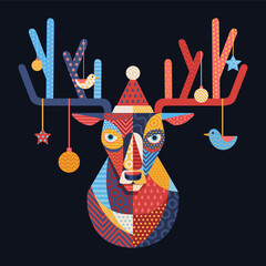 Merry Christmas and Happy New Year illustration of a cute deer. Colorful deer. Vector illustration