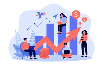 Startup team with laptops analyzing growth chart. Tiny sales managers using computers at increase diagrams and rocket. Vector illustration for successful business project, finance, analysis concept