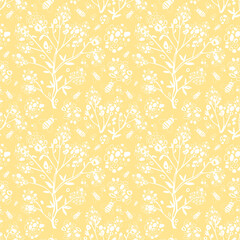 Abstract tree and bees on yellow background. Seamless bicolor pattern.  Modern monochrome art for textile and fabrics. Pattern for home decor and clothes.
