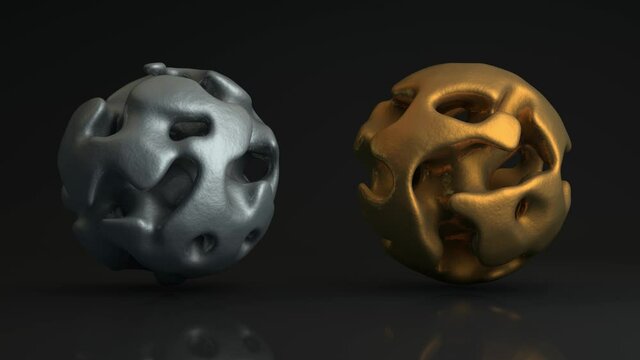 3D animation of silver and gold abstract spheres interacting in perfect balance. Loop animation with the presence of noise and other special components and artifacts.