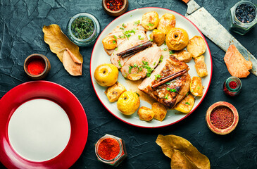 Slices of baked pork loin