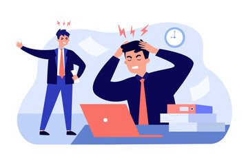 Angry boss shouting at frustrated employee. Office worker suffering from migraine and feeling stress at work. Vector illustration for burnout, deadline, office conflict concept