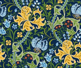 Floral seamless pattern with big flowers, lily and foliage on dark green background. Vector illustration. - 397203376